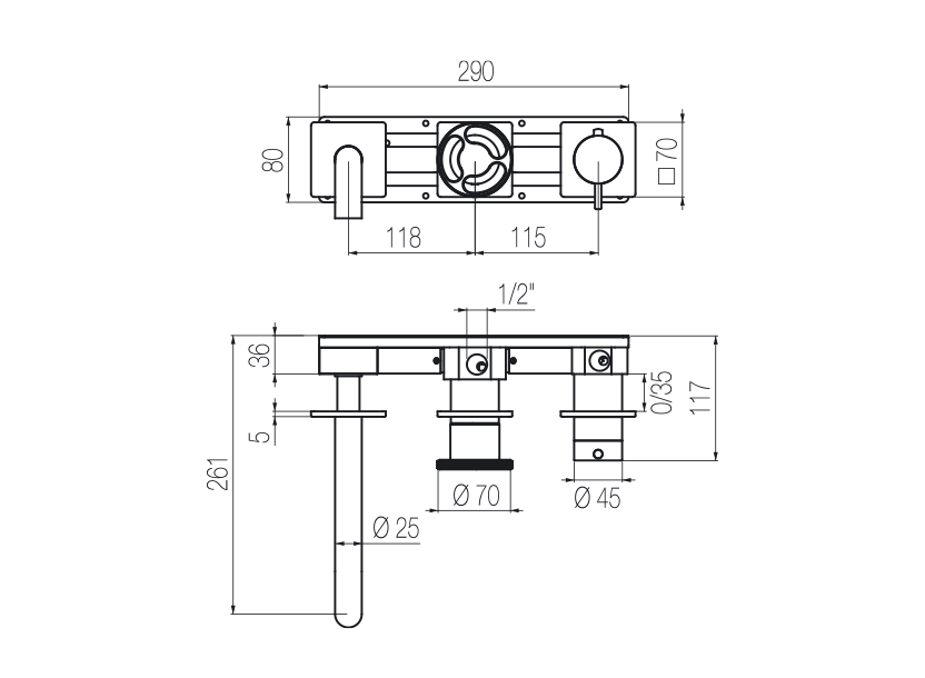  Horizontal thermostatic bath set with 3-ways diverter