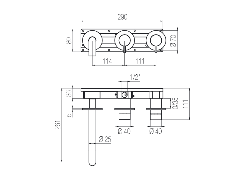  Horizontal bath set with 2-ways diverter