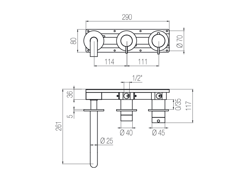  Horizontal thermostatic bath set with 2-ways diverter