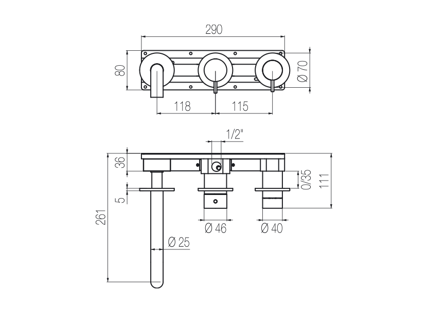  Horizontal bath set with 3-ways diverter