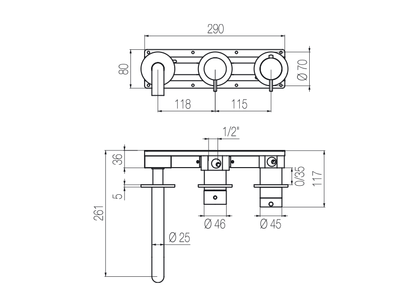 Horizontales Thermostat-Wannenset mit 3-Wege-Umsteller