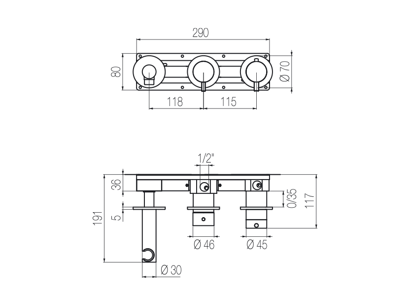 Horizontales Thermostat-Duschset mit 3-Wege-Umsteller