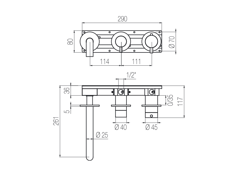 Horizontal thermostatic bath set with 2-ways diverter