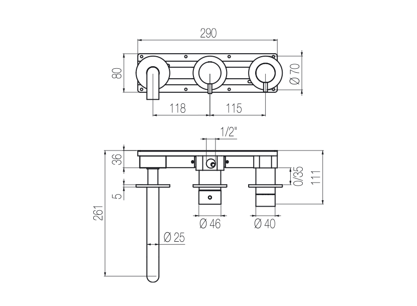 Horizontal bath set with 3-ways diverter