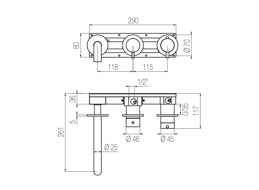 Horizontal thermostatic bath set with 3-ways diverter