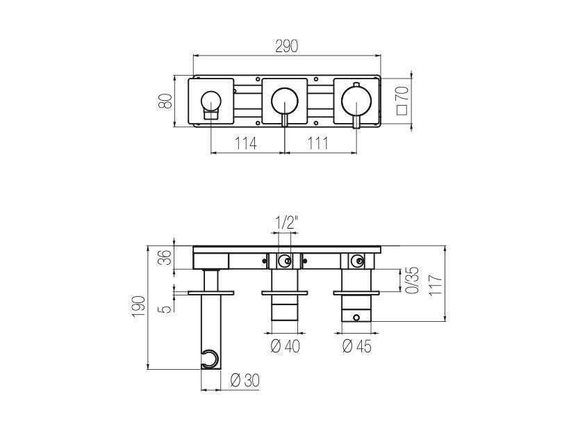 Horizontal thermostatic shower set with 2-ways diverter