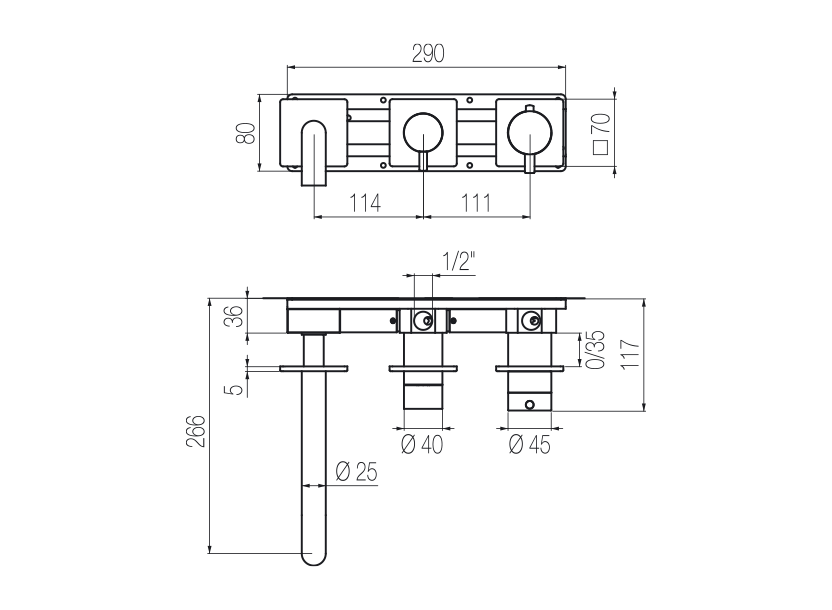 Horizontales Thermostat-Wannenset mit 2-Wege-Umsteller