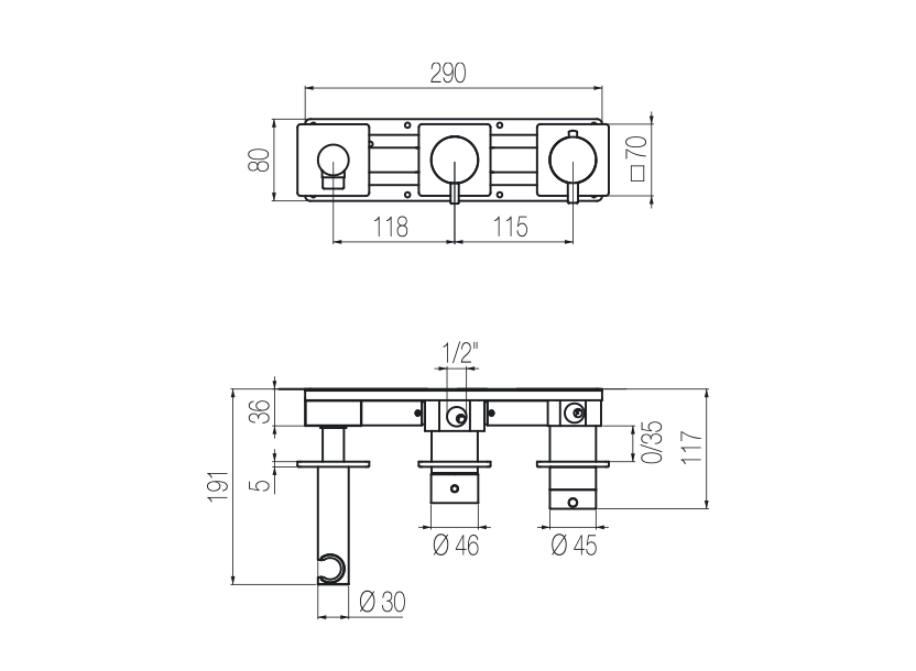 Horizontales Thermostat-Duschset mit 3-Wege-Umsteller