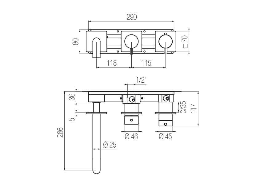 Horizontal thermostatic bath set with 3-ways diverter