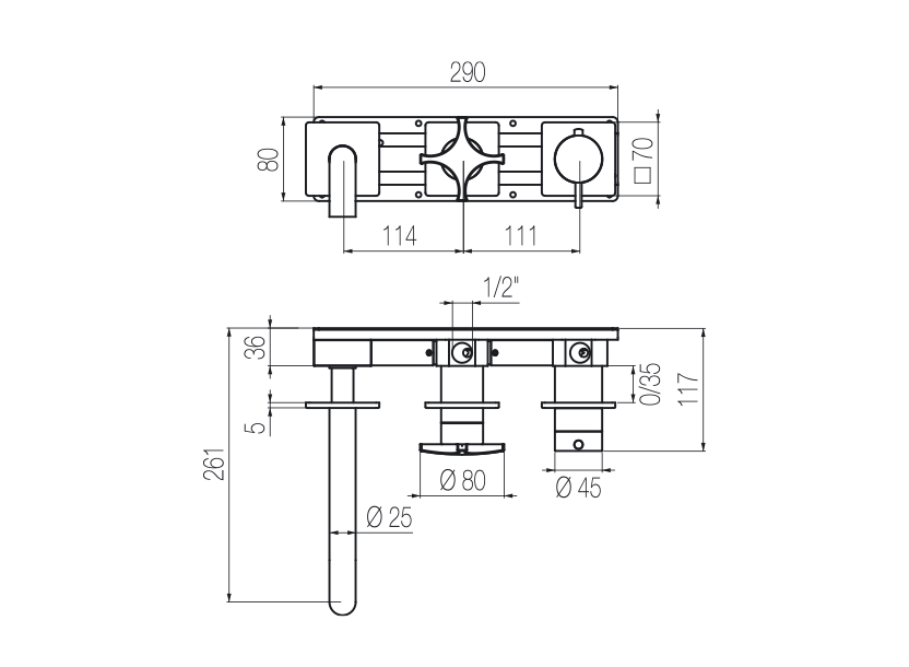 Horizontales Thermostat-Wannenset mit 2-Wege-Umsteller