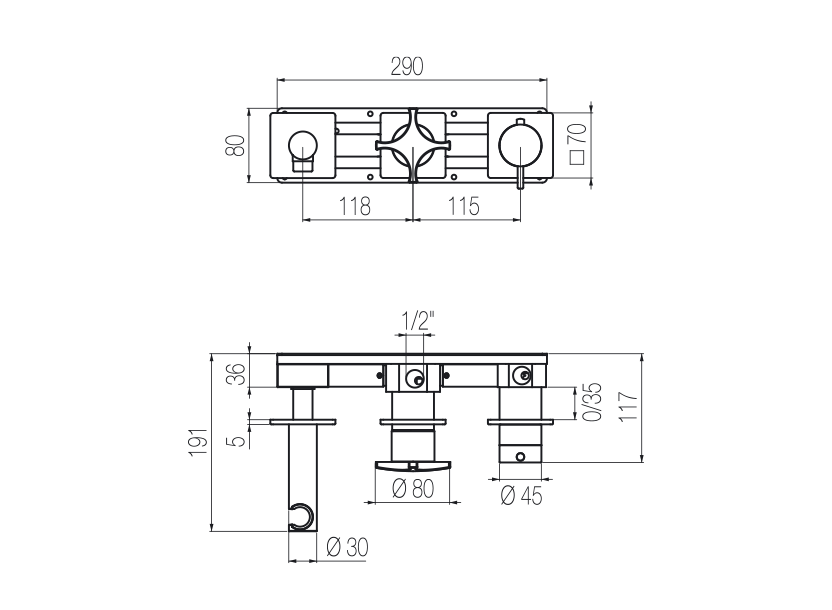 Horizontal thermostatic shower set with 3-ways diverter