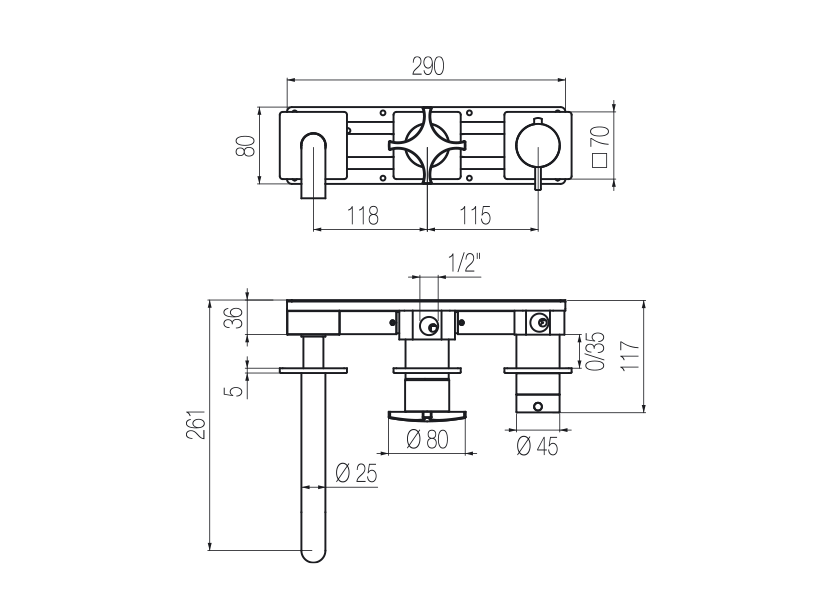 Horizontal thermostatic bath set with 3-ways diverter