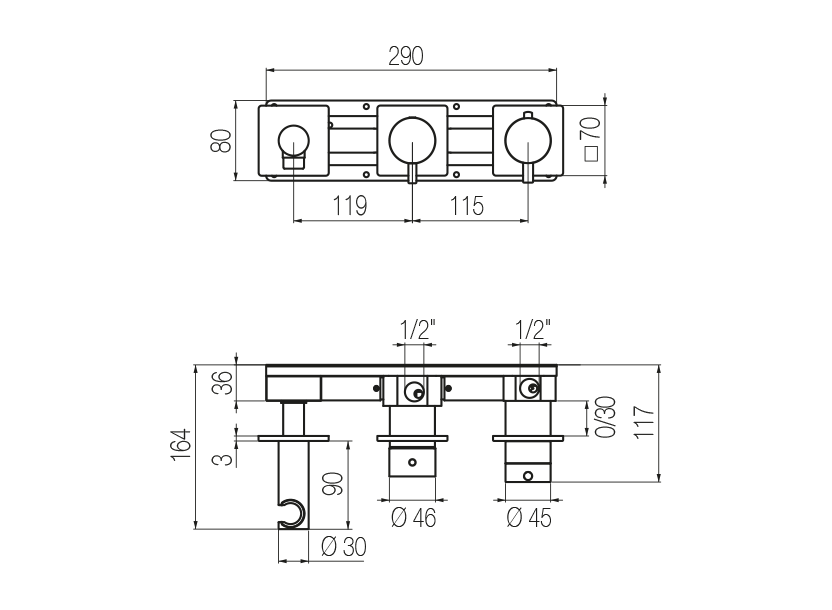 Set doccia orizzontale termostatico 3 vie 