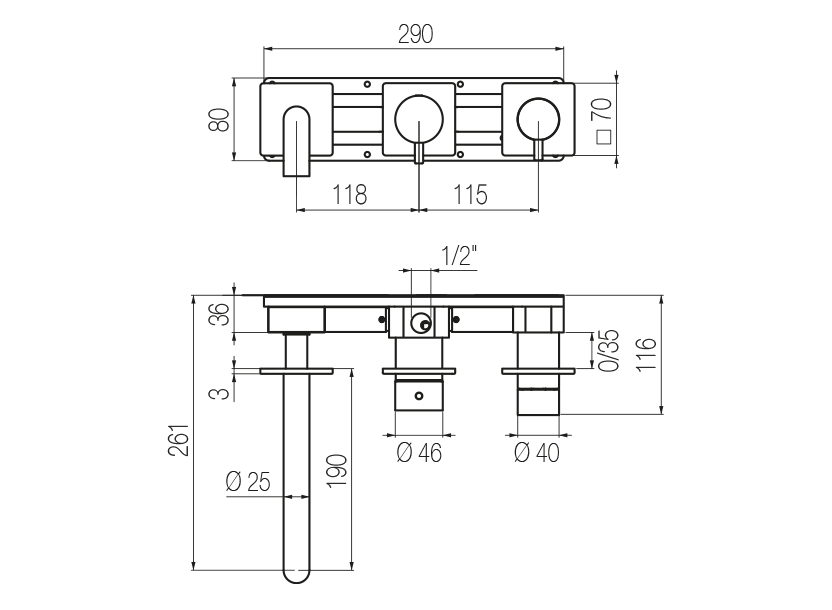 Horizontal bath set with 3-ways diverter