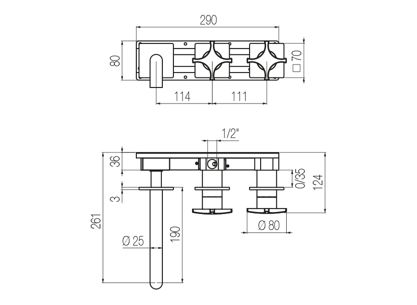 Horizontal bath set with 2-ways diverter