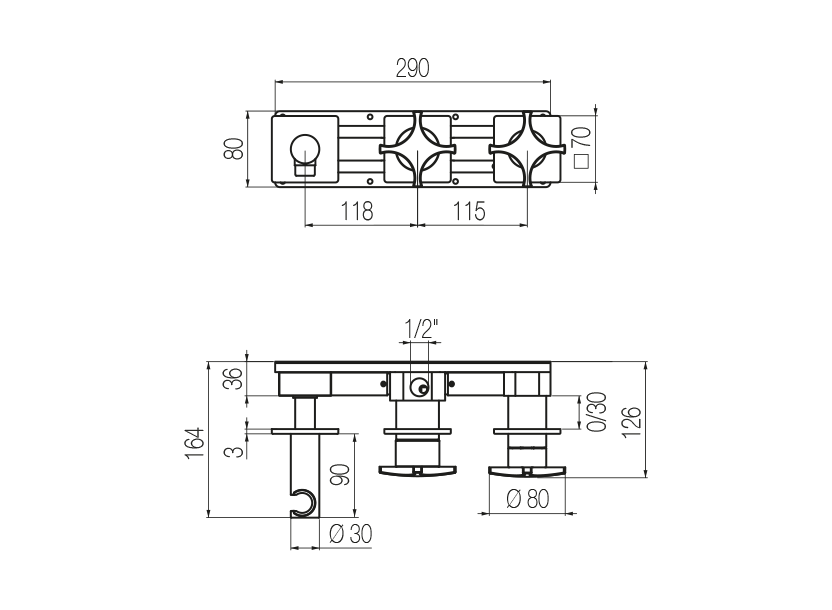 Horizontal shower set with 3-ways diverter