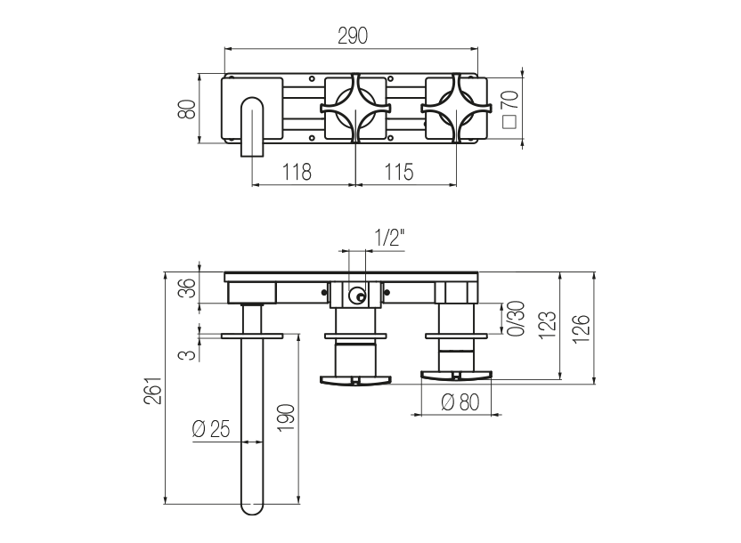 Horizontal bath set with 3-ways diverter