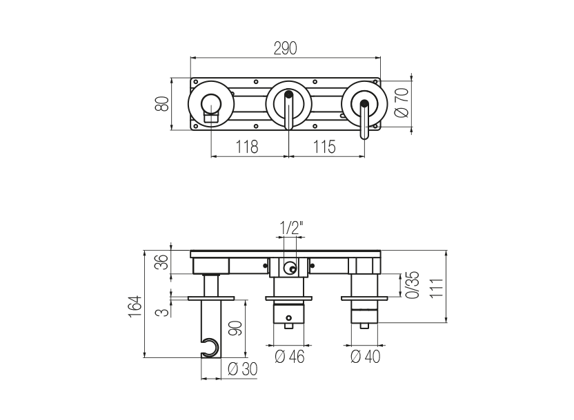 Set doccia orizzontale 3 vie 