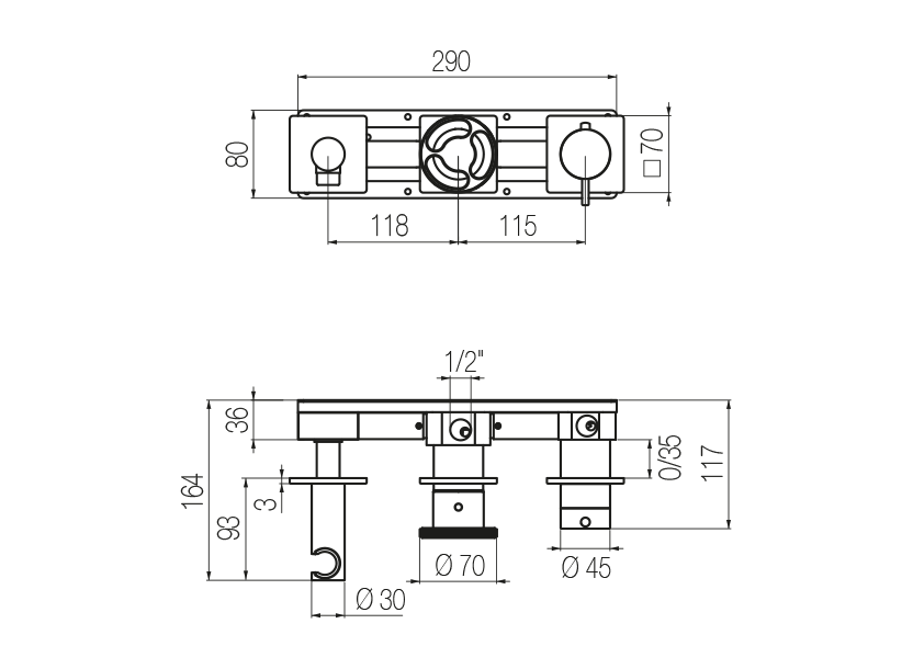  Horizontal thermostatic shower set with 3-ways diverter