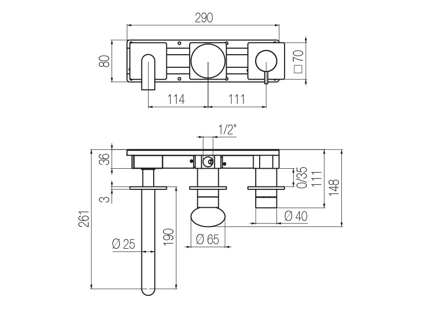 Horizontal bath set with 2-ways diverter