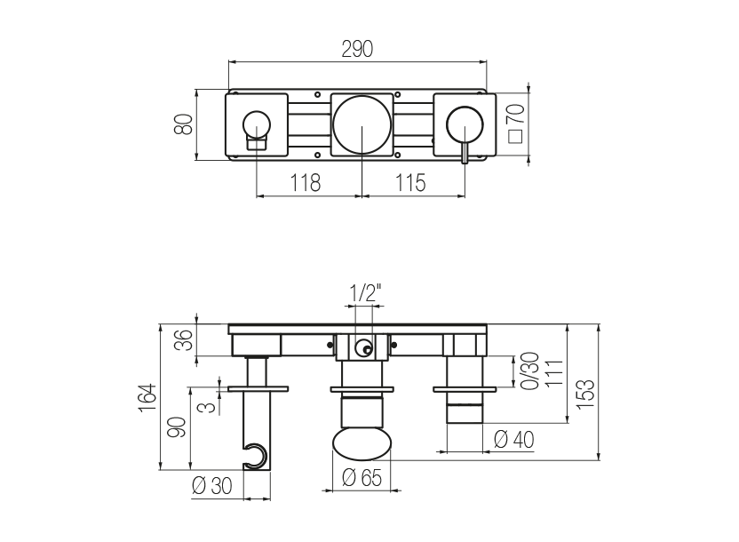 Horizontal shower set with 3-ways diverter
