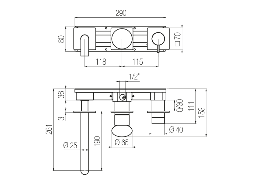 Horizontal bath set with 3-ways diverter