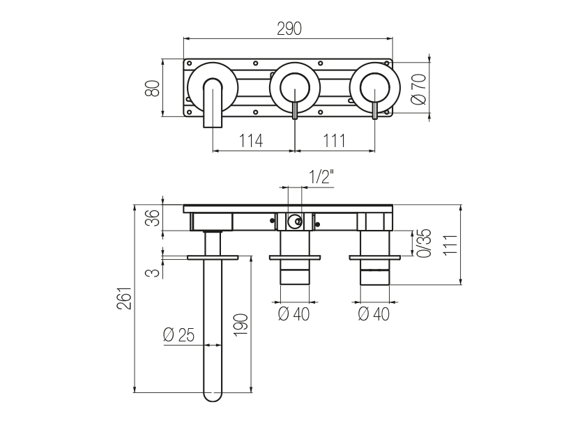  Horizontal bath set with 2-ways diverter