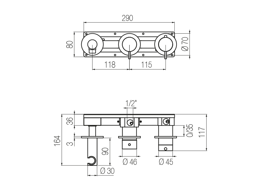Set doccia orizzontale termostatico 3 vie 
